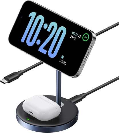 UGREEN 2-in-1 Qi MagFlow Wireless Charger, MagSafe Charging Stand, with 1M USB-C Cable for iPhone 16/15/14/13/12 Series and AirPods Series (No AC Adapter)