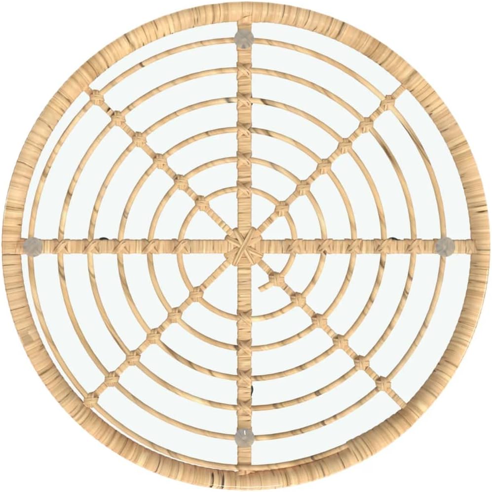 vidaXL Tempered Glass Top Dining Table-UV-Resistant PE Rattan Structure Made of Steel-Round Bistro Dinner Table-Glass Table for Patio, Garden, Living Room (Brown)