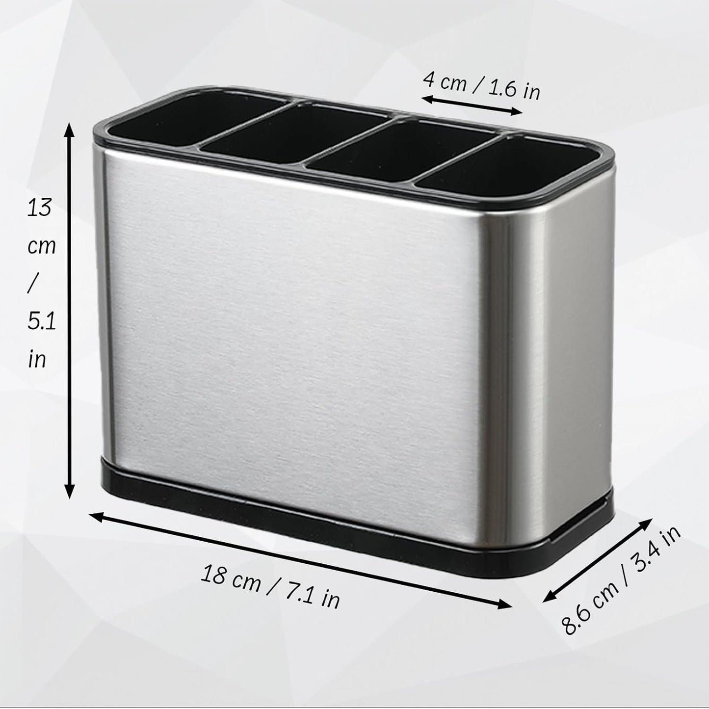 4-Compartment Stainless Steel Utensil Holder with Removable Tray, Anti-Slip, Quick-Dry Design, Rust-Proof Cutlery Organizer for Kitchen Countertop (18x8.6x13cm)