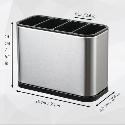 4-Compartment Stainless Steel Utensil Holder with Removable Tray, Anti-Slip, Quick-Dry Design, Rust-Proof Cutlery Organizer for Kitchen Countertop (18x8.6x13cm)