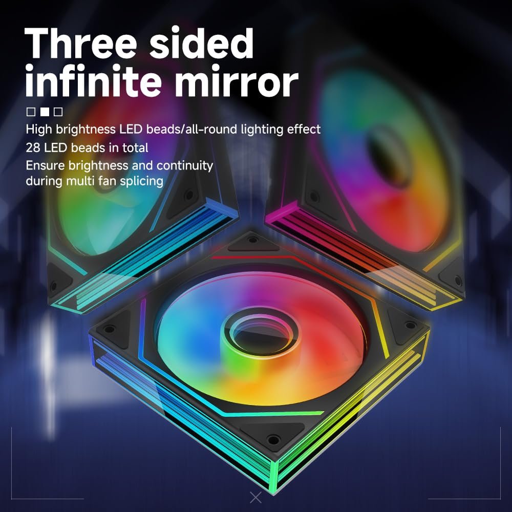 Jungle Leopard Prism6 MAX X3 120mm ARGB PC Case Fan - 3-Sided Infinite Mirror & Axis Infinite Mirror Light Effectï¼Œ800-1850Â±10% RPM 120mm PWM Case Fan for PC Case(Triple Pack Black)