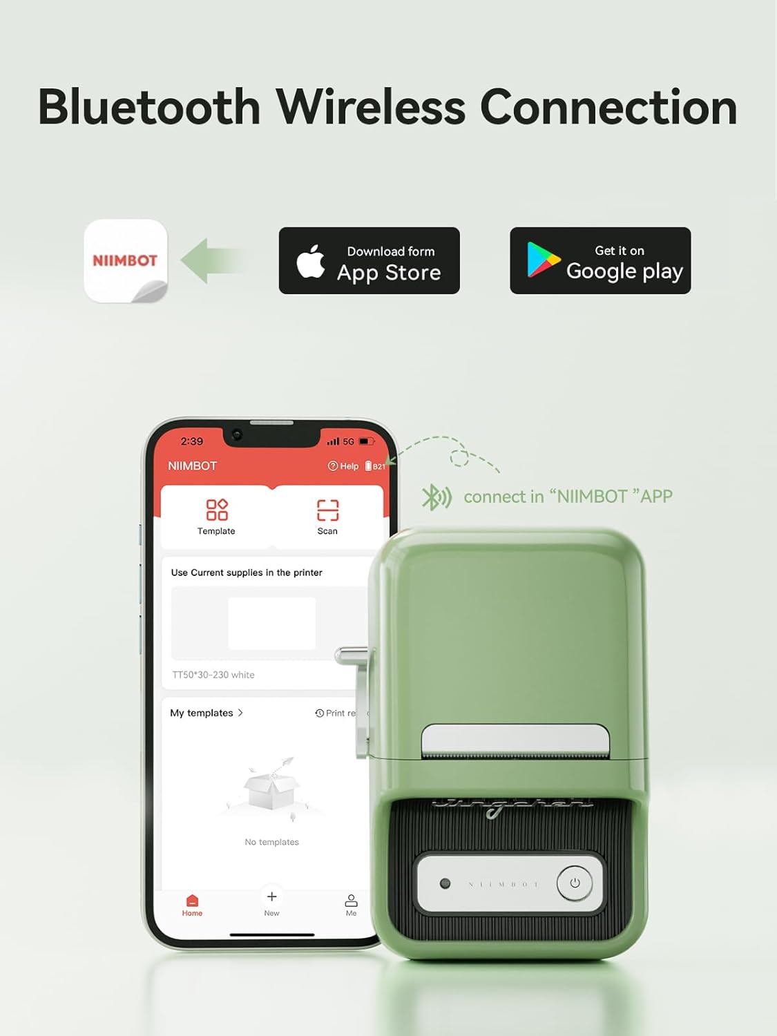 NIIMBOT B21 Inkless Label Maker, Mini Thermal Label Maker Compatible with iOS & Android, for Home Organization, Business, Barcode, QR Code, with 1 Pack 50x30mm White Label, Green