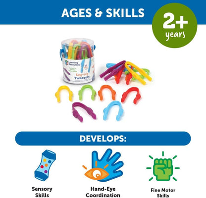 Learning Resources Easy-Grip Tweezers, 12 Pieces, Ages 2+, Preschool Learning Activities, Teacher Supplies for Classroom, Montessori Toys