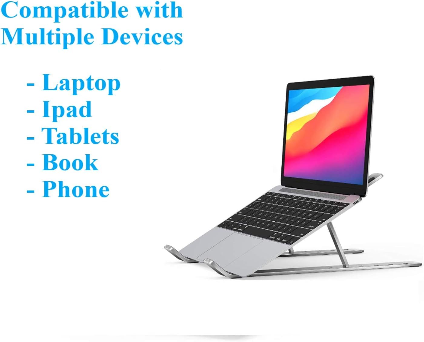 Portable Laptop Stand, JDOX Aluminium Adjustable Laptop Stand for Desk, 7 Adjustable Heights, Foldable Laptop Stand Compatible with MacBook, HP, Dell Laptop and Tablet, Silver
