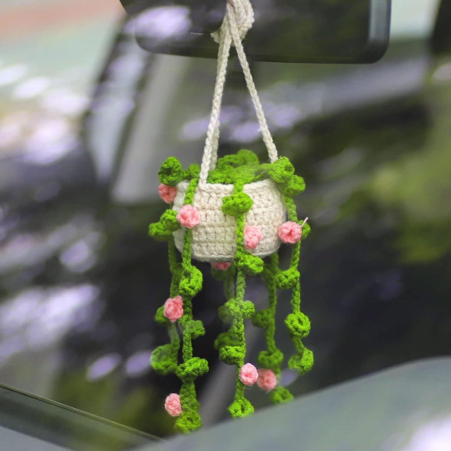 Minasona Cute Potted Plants Crochet Car Mirror Hanging Accessories for Women Men - Handmade Knitted Rear View Mirror Interior Aesthetic (Pink Flowers)