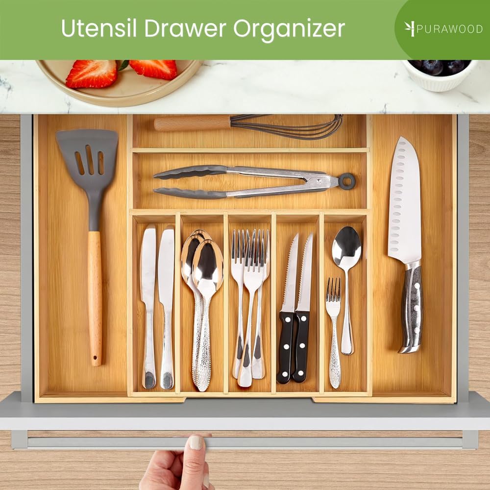 Purawood Bamboo Drawer Organizer - Expandable Silverware Organizer & Utensil Drawer Organizer, Cutlery Tray with Dividers, 7-9 Slots- Kitchen Organizer for Utensils & Flatware (Natural)`