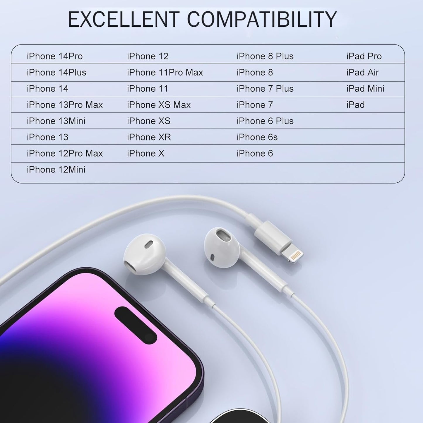 Apple Earbuds Lightning Headphones for iPhone, iPhone Earphones Wired with Lightning Connector【Apple MFi Certified】 for iPhone 14/13/12/11/XR/XS/X/8 (Built-in Microphone & Volume Control)
