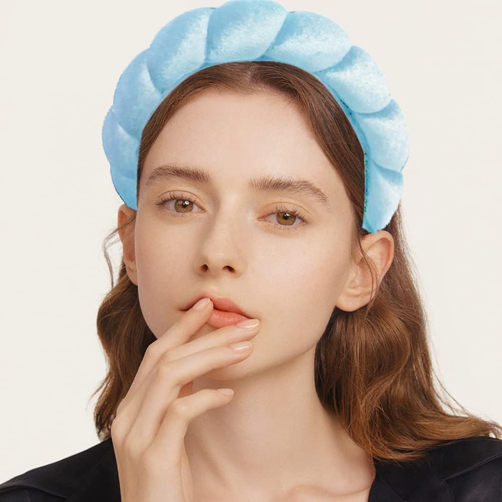 Spa Headbands for Women-Headband for Washing Face, Makeup, Skincare, Shower, Hair Accessories -Sponge & Velvet Fabric Headbandn (Blue)