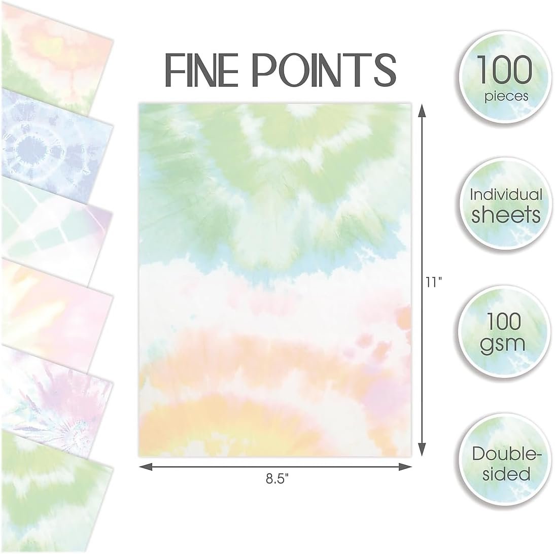 Better Office Products Stationery Paper, 100 Sheets, Tie-Dye Watercolor Writing Stationery, Letter Size 8.5 x 11 inch, 6 Unique Double Sided Designs, 100 Pack