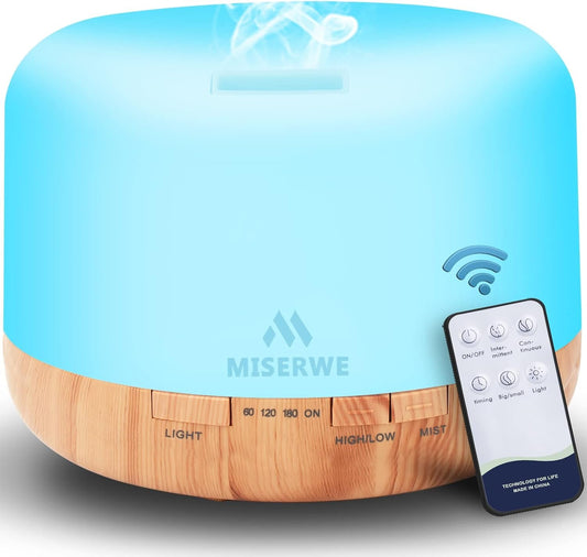 Miserwe 500ml Essential Oil Diffuser with Remote Control, 7 Color LED Light, Automatic Shut Off, for Home