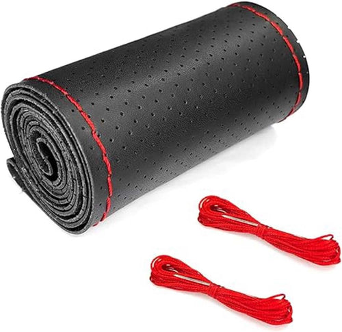 DIY Soft Leather Car Steering Wheel Cover with Needle and Thread | 38cm Diameter Steering Wheel Cover | Black Leather with Red Thread | Car Accessories Interior Car Steering Wheel Cover