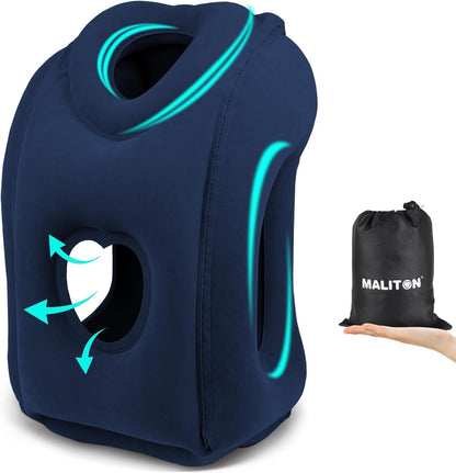 Maliton Travel Pillow, Neck Pillow, Aeroplane Inflatable, Foldable, Portable, Comfort Travel Pillow, Supports the Head and Protect the Cervical Spine, Neck Pillow for Airplanes, Trains, Drives, Blue