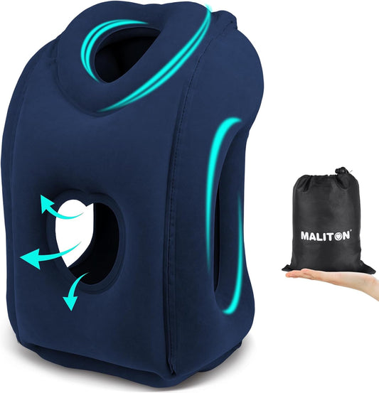 Maliton Travel Pillow, Neck Pillow, Aeroplane Inflatable, Foldable, Portable, Comfort Travel Pillow, Supports the Head and Protect the Cervical Spine, Neck Pillow for Airplanes, Trains, Drives, Blue