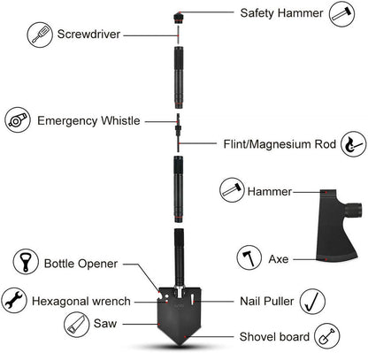 iunio Survival Shovel Multitool with Axe, Camping Shovel Hatchet, Tactical Shovel, Folding with Carrying Bag for Camping, Hiking, Backpacking, Entrenching, Car Emergency