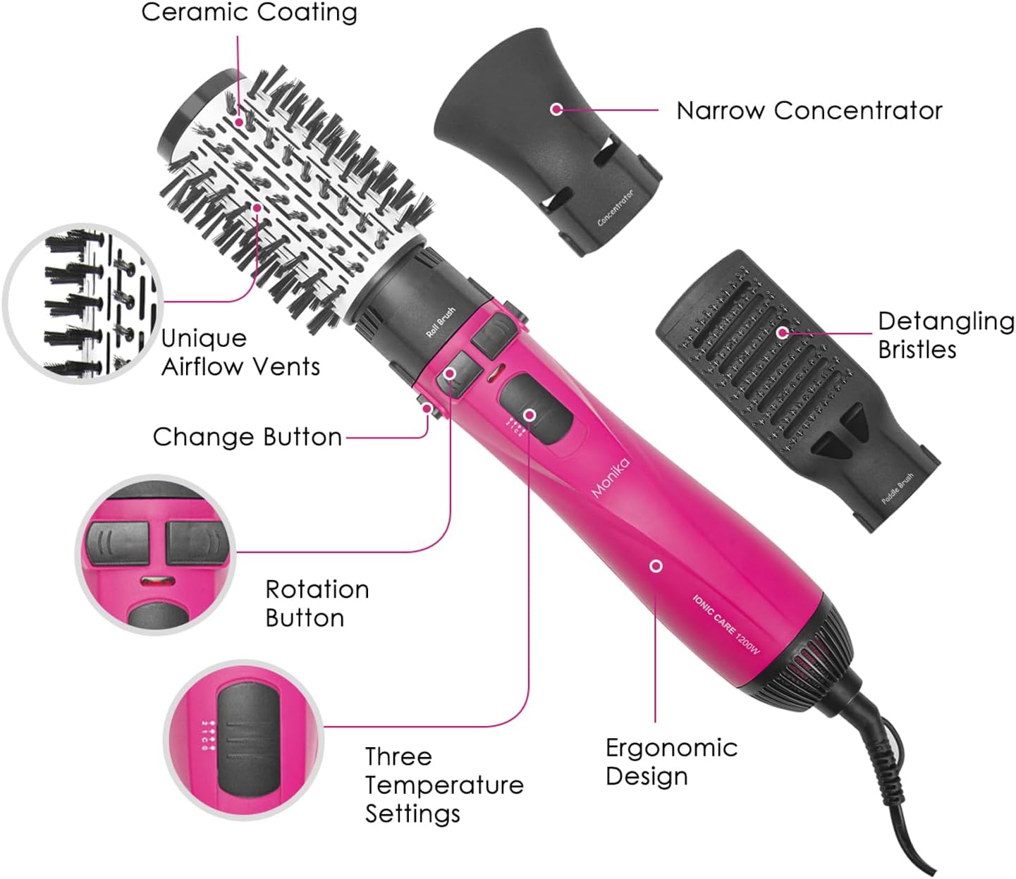 Monika 4in1 Air Styler 1200W Auto Curler Hair Dryer Brush Straightening Curling Blow Ionic Care