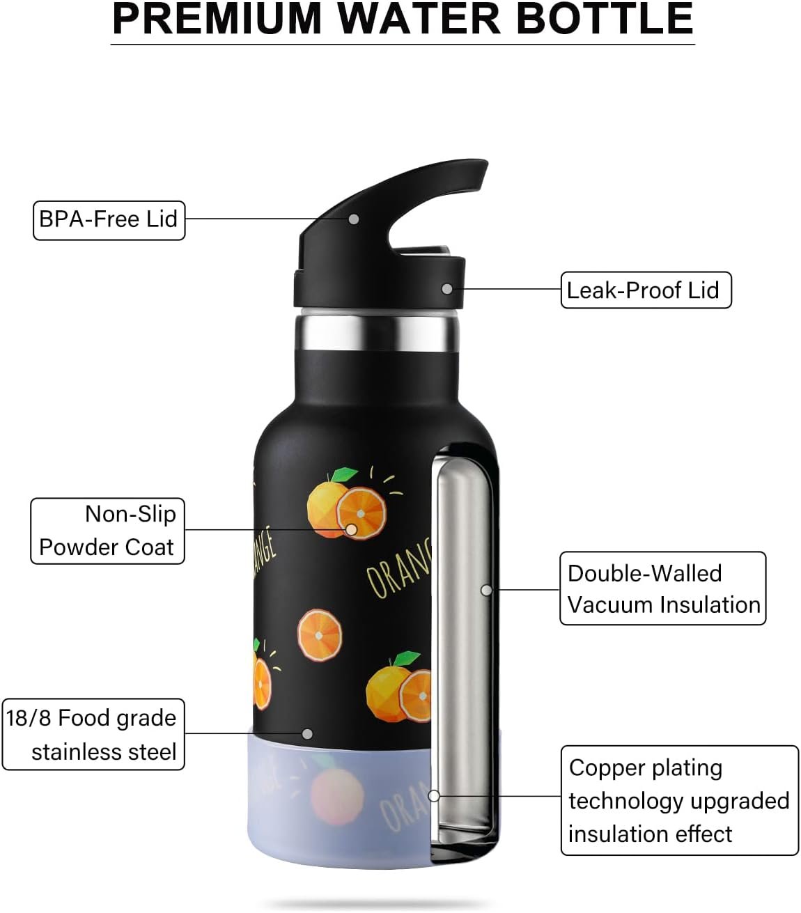Sivaphe 12 oz Insulated Kids Water Bottle with Straw Lids, Stainless Steel Thermal Children Drinking Cup for School Girls Boys Students Orange Fruit 3D Printed