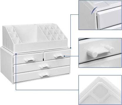 SONGMICS Makeup Organizer, Cosmetic Organizer with 4 Drawers and 16 Compartments of Different Sizes, Non-Slip Mats, for Make Up Accessories and Jewelry, White JKA0010TP