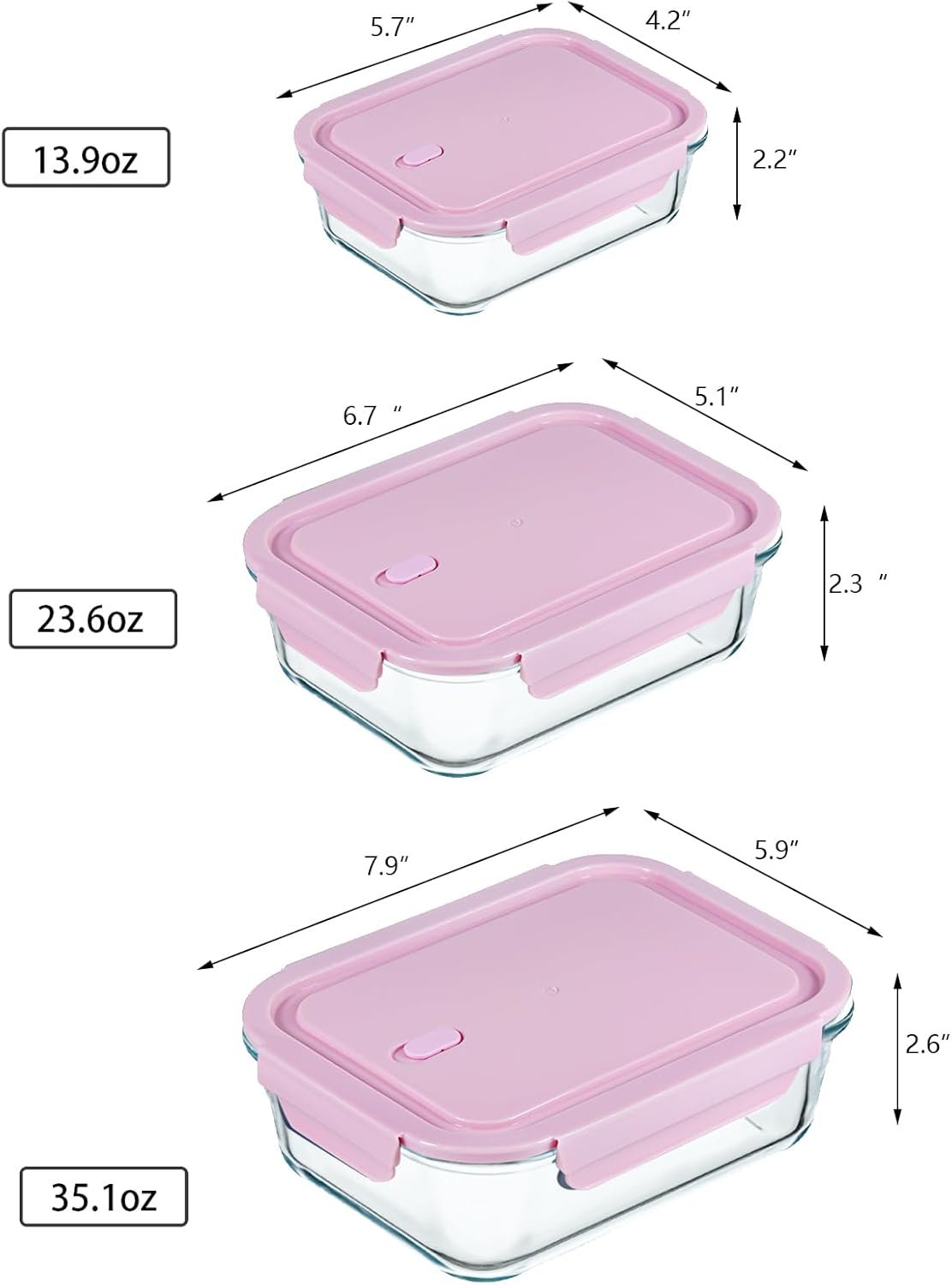 ATRDTO 6 Pieces Rectangle Glass Food Storage Containers with Lids, Meal Prep Containers for Food Storage, BPA Free & Leak Proof (3 lids & 3 Containers) 13.9oz, 24oz, 35oz (Pink)