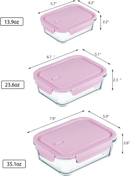 ATRDTO 6 Pieces Rectangle Glass Food Storage Containers with Lids, Meal Prep Containers for Food Storage, BPA Free & Leak Proof (3 lids & 3 Containers) 13.9oz, 24oz, 35oz (Pink)