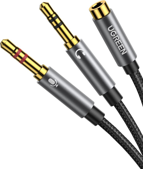UGREEN Headphone Splitter for Computer 3.5mm Female to 2 Dual 3.5mm Male Headphone Mic Audio Y Splitter Cable Smartphone Headset to PC Adapter (Black)