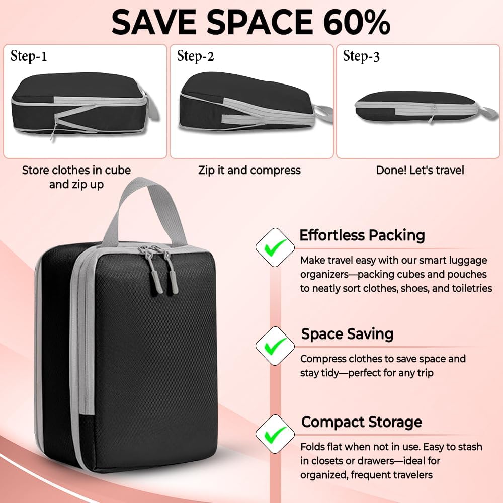 UniPro GOODS- Travel Bag Luggage Organizers 8 piece set- Compression Packing Cubes for Suitcases, Drawstring Pouch and Shoe Bag, Travel Accessories, More Lightweight and Durable