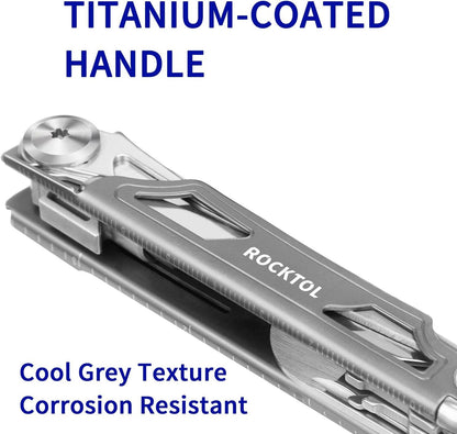 ROCKTOL Folding Pocket Knife, 12-in-1 Stainless Steel Multitool Knife with Titanium-Plated Handle, Pocket Clip for Camping, Hiking, Survival,Gifts for Men