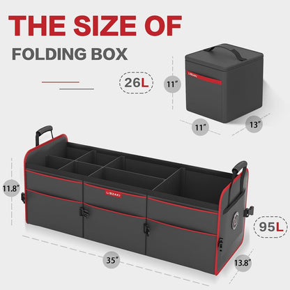 LIBZAKI Car Trunk Organizer,3 Compartments Big Trunk Storage, Large Capacity, Foldable, 95L Heavy Duty Storage Box for Car, SUV, Truck,Jeep, Includes 26L Cooler Bag-Black