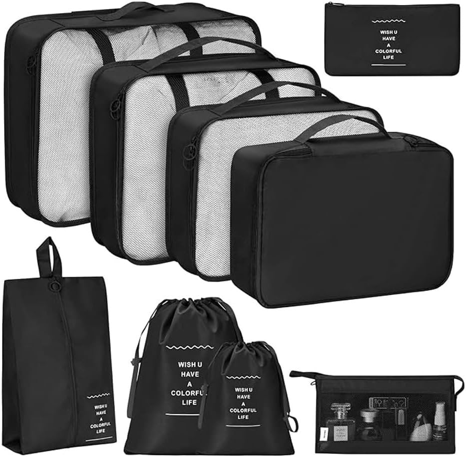 9 Set Packing Cubes for Suitcases, Travel Luggage Organizers, with Clothes Storage Bags, Toiletry Bag, Shoe Bag, Underwear Bag, Laundry Bag, Sock Bag, Accessories Bag (Black)