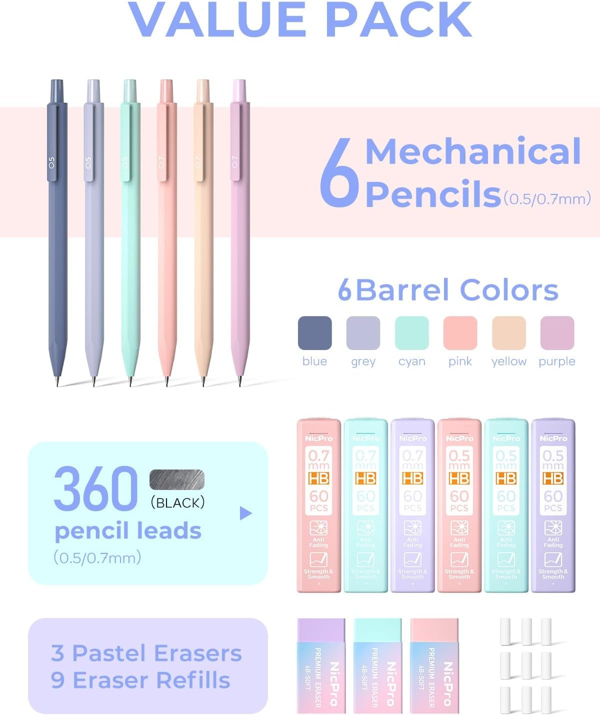Nicpro 6PCS Pastel Cute Mechanical Pencil Set, Mechanical Pencils 0.5 & 0.7 mm with 6 Tubes HB Pencil Leads, 3PCS Erasers and 9PCS Eraser Refills, Aesthetic School Supplies Stuff for Girls Writing