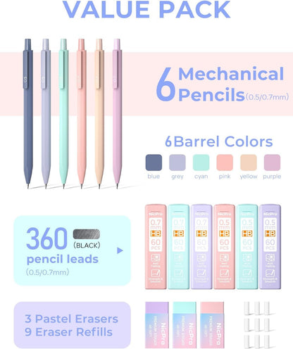 Nicpro 6PCS Pastel Cute Mechanical Pencil Set, Mechanical Pencils 0.5 & 0.7 mm with 6 Tubes HB Pencil Leads, 3PCS Erasers and 9PCS Eraser Refills, Aesthetic School Supplies Stuff for Girls Writing