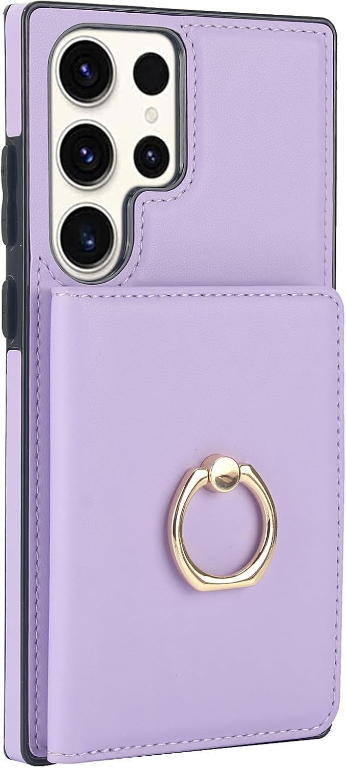 Asuwish Phone Case for Samsung Galaxy S23 Ultra 5G with Tempered Glass Screen Protector and RFID Card Holder Slot Ring Kickstand Cell Accessories S23Ultra 23S S 23 23Ultra 6.8 inch Women Men Purple