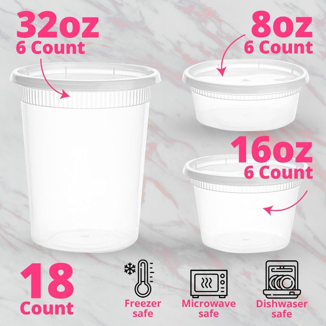 Food Storage Containers With Lids - [18 Pack] - (8, 16 & 32 Oz) - Plastic Deli Containers Variaty Pack - Soup Containers With Airtight Lids - Microwave, Freezer & Dishwasher Safe