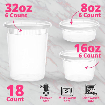 Food Storage Containers With Lids - [18 Pack] - (8, 16 & 32 Oz) - Plastic Deli Containers Variaty Pack - Soup Containers With Airtight Lids - Microwave, Freezer & Dishwasher Safe