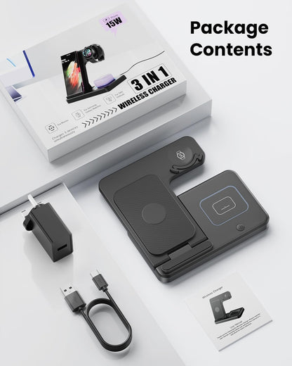 GEEKERA Wireless Charger for Samsung, 3 in 1 Foldable Wireless Charging Station for Samsung Galaxy S24 Ultra Plus S23 S22 S21 S20, Z Flip/Fold 5 4 3, Watch 6 5 4 3 Active, Buds 2 Pro/Live, Android