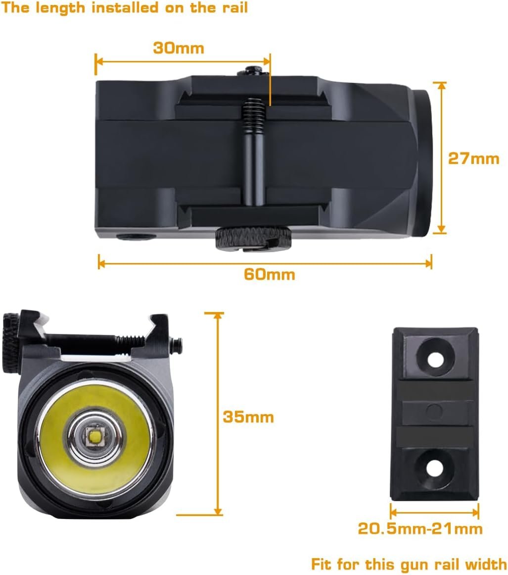 MCCC Compact Tactical Flashlight - Aluminum Made, 500 High Lumens, Magnetic Rechargeable, for Pistols, Handguns, Shotguns, Airsoft - Picatinny Rail Accessories