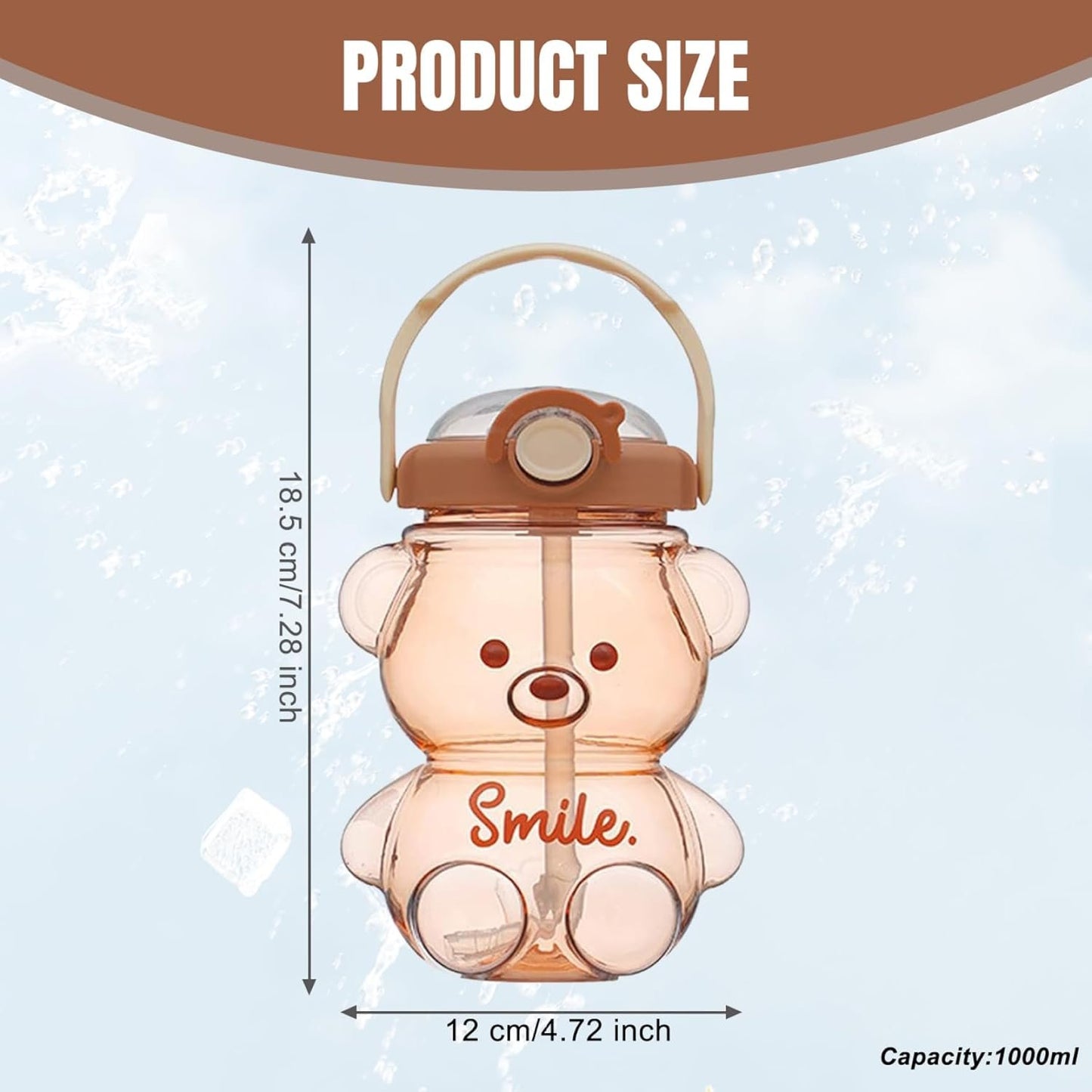 Kawaii Water Bottle with Straw and Strap, 1L Cute Bear Water Bottles Portable Leakproof BPA-Free Plastic Drinking Cups for Kids Girls Women Sports Camping Picnic Hiking Travel