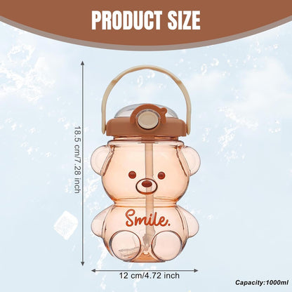 Kawaii Water Bottle with Straw and Strap, 1L Cute Bear Water Bottles Portable Leakproof BPA-Free Plastic Drinking Cups for Kids Girls Women Sports Camping Picnic Hiking Travel
