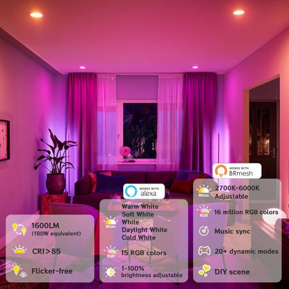 Smart Recessed Lighting 6 Inch RGBCW Color Changing 16W LED Downlight with Junction Box,1350 Lumen Recessed Ceiling Light Compatible with Alexa,Dimmable by Bluetooth Control -6 Pack