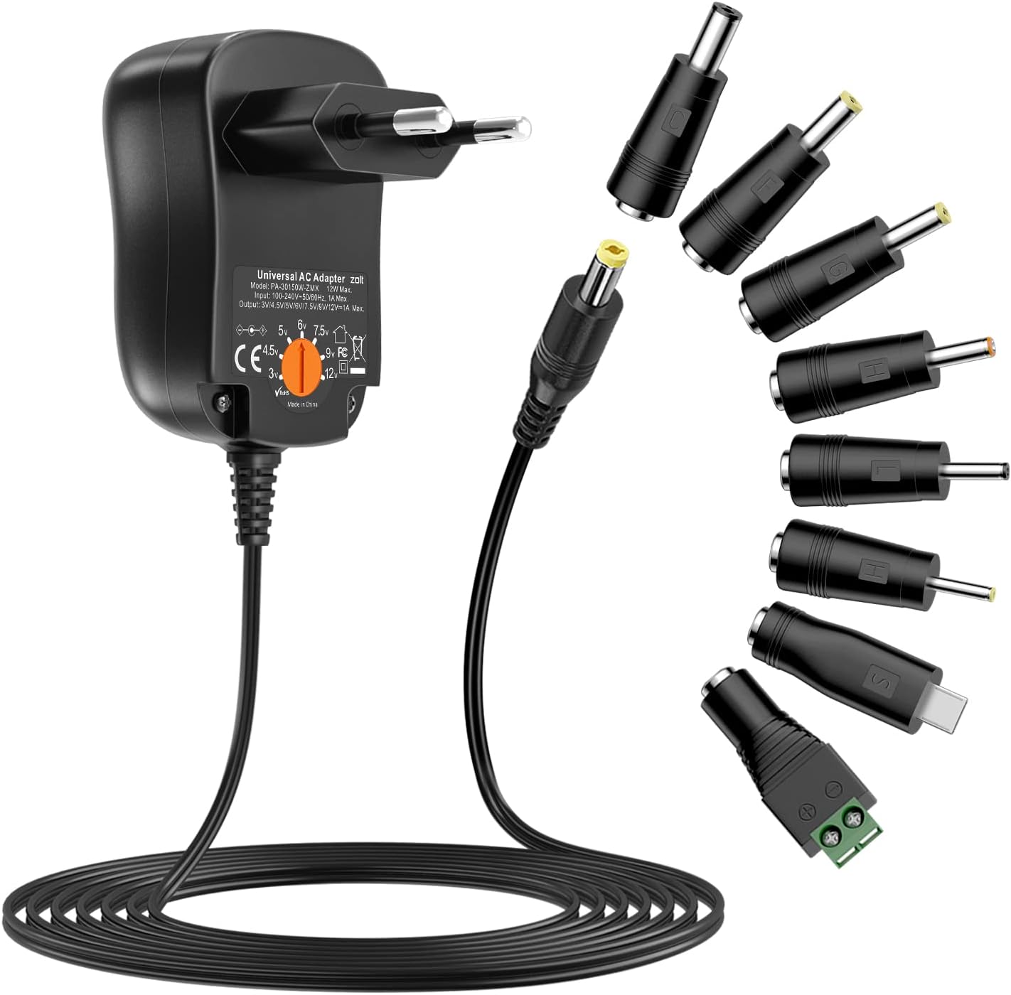 Zolt 12W Universal AC to DC Power Supply 3 V 4.5 V 5 V 6 V 7.5 V 9 V 12 V 1 A, Multi-voltage Adapter with 8 DC Plugs for Home Electronics
