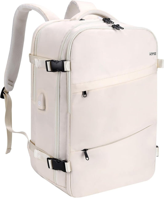 HOMIEE 40L Travel Laptop Backpack, Flight Approved Carry-On 17" Laptop Backpack, Travel Luggage Backpack with Charging Port (White Extra Large)