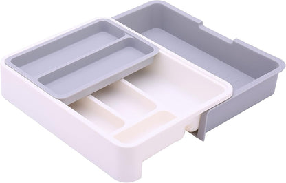 HornTide 3-in-1 Cutlery Tray Expandable Utensils Holder Plastic Kitchen Drawer Organizer for Silverware Storage and More - Gray