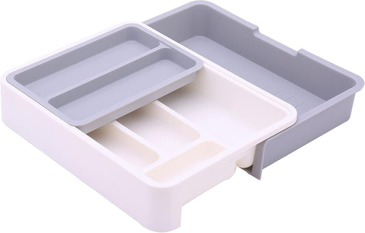 HornTide 3-in-1 Cutlery Tray Expandable Utensils Holder Plastic Kitchen Drawer Organizer for Silverware Storage and More - Gray