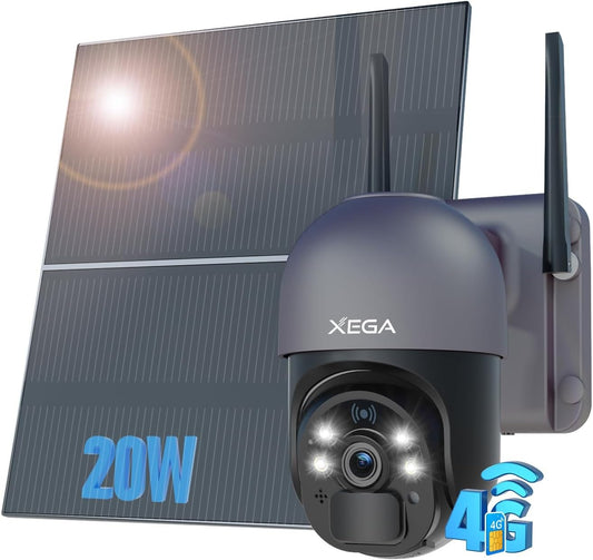 Xega 4G LTE Security Camera with 20W Solar Panel 20,000mAh Battery SIM Card Solar Powered Security Camera Outdoor Wireless, 2K HD Color Night Vision CCTV, PIR Detection, IP66 [Energy Class A+++]
