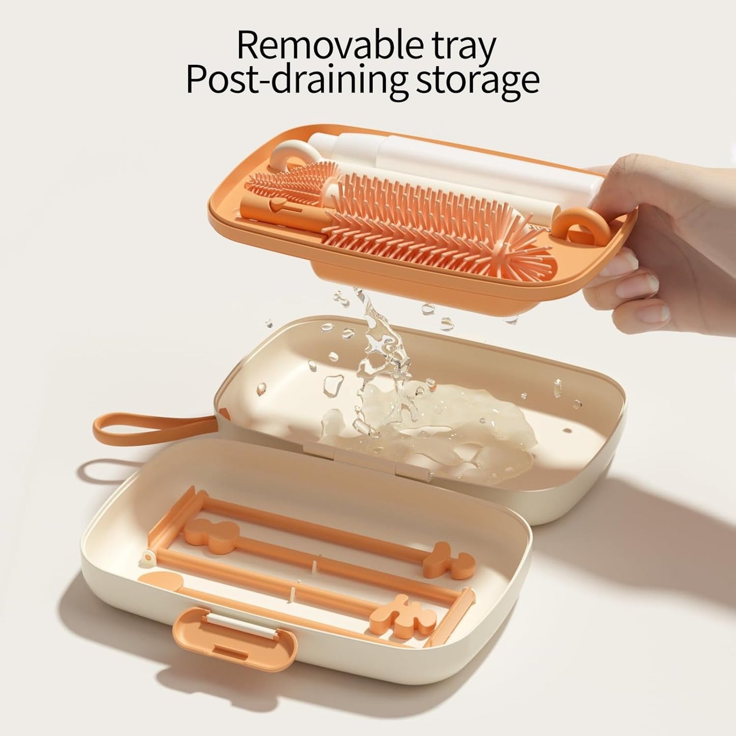Suvast 7in1 Travel Bottle Cleaner kit,Baby Essentials, with Bottle Brush、Nipple Brush、Straw Cleaner Brush、Soap Dispenser、Bottle Drying Rack、Drainage Tray、Storage Box,Baby Travel Essential (White)