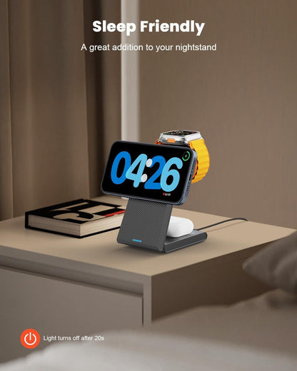 3 in 1 Wireless Charging Station Magnetic, Foldable Wireless Charger Stand for Multiple Devices, Wireless Charger for iPhone 16/15/14/13/12, Apple Watch 9/8/7/6/SE/5/4/3/2, AirPods 4/3/2/Pro