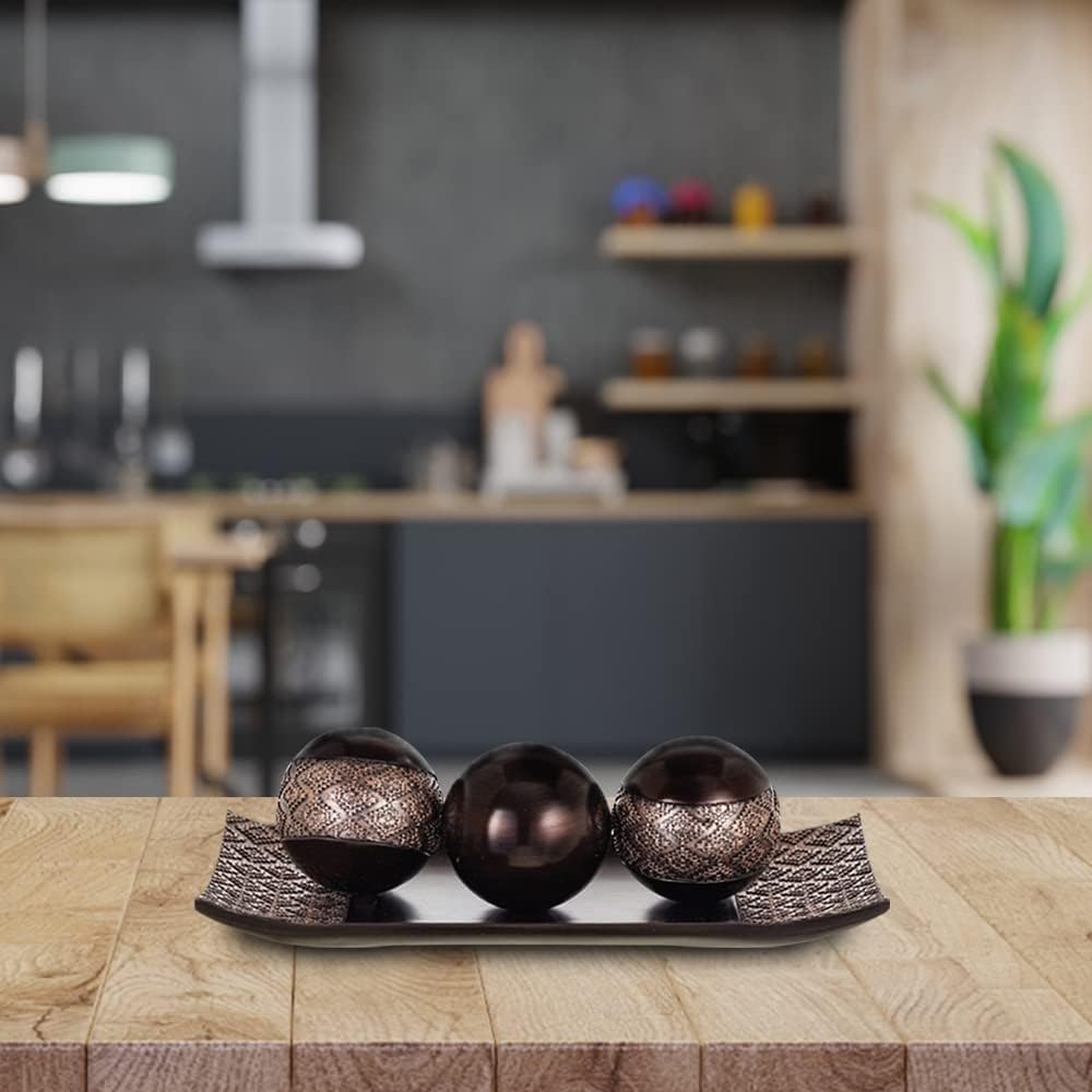 HomeRoots Tray and Orbs Balls Set of 3 | Beautiful Decoration Centerpiece, Home Decor | Decorative Accents Balls for Living Room, Coffee and Dining Table Décor