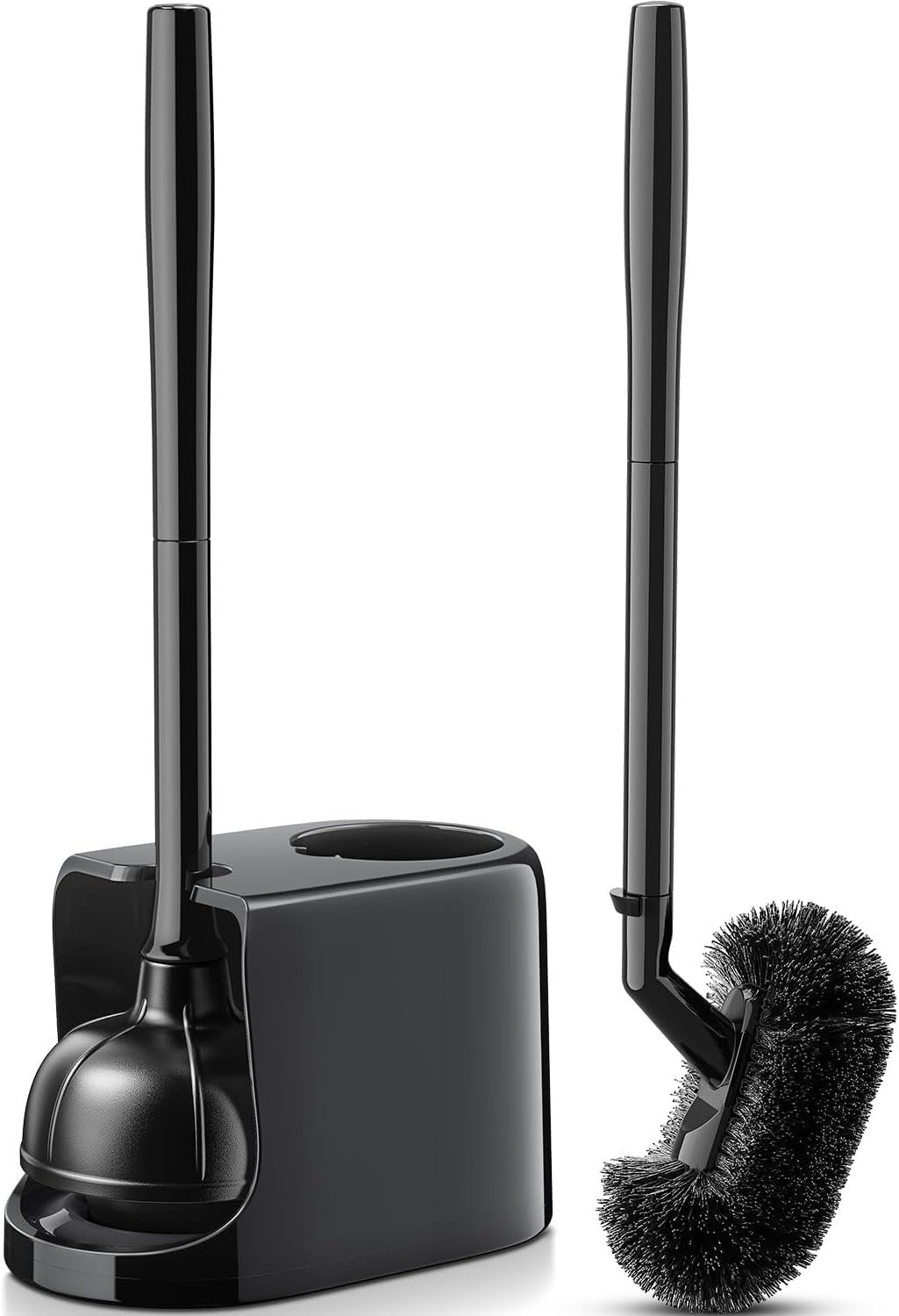 HAMITOR Toilet Brush and Plunger Set, Plungers for Bathroom Toilet Heavy Duty, Bowl Brush and Holder with Extended Handle, 2-in-1 Bathroom Accessory Cleaning Combo with Modern Caddy Stand - Black