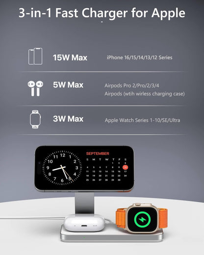 3 in 1 Wireless i Phone Charger Stand for Apple Magsafe, LDOBL Travel Charger for iPhone 16 to 12 Pro Max Mini Plus, Apple Watch Ultra 10 to 2, AirPods Pro 2 3 4, tech for Men Women (White)