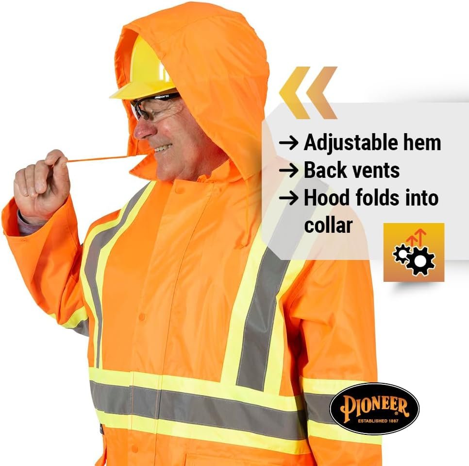 Pioneer Hi Vis Waterproof Lightweight Rainsuit - Work Safety Hooded Jacket and Bib Pants - Adjustable Pant Length - Hi Vis Orange