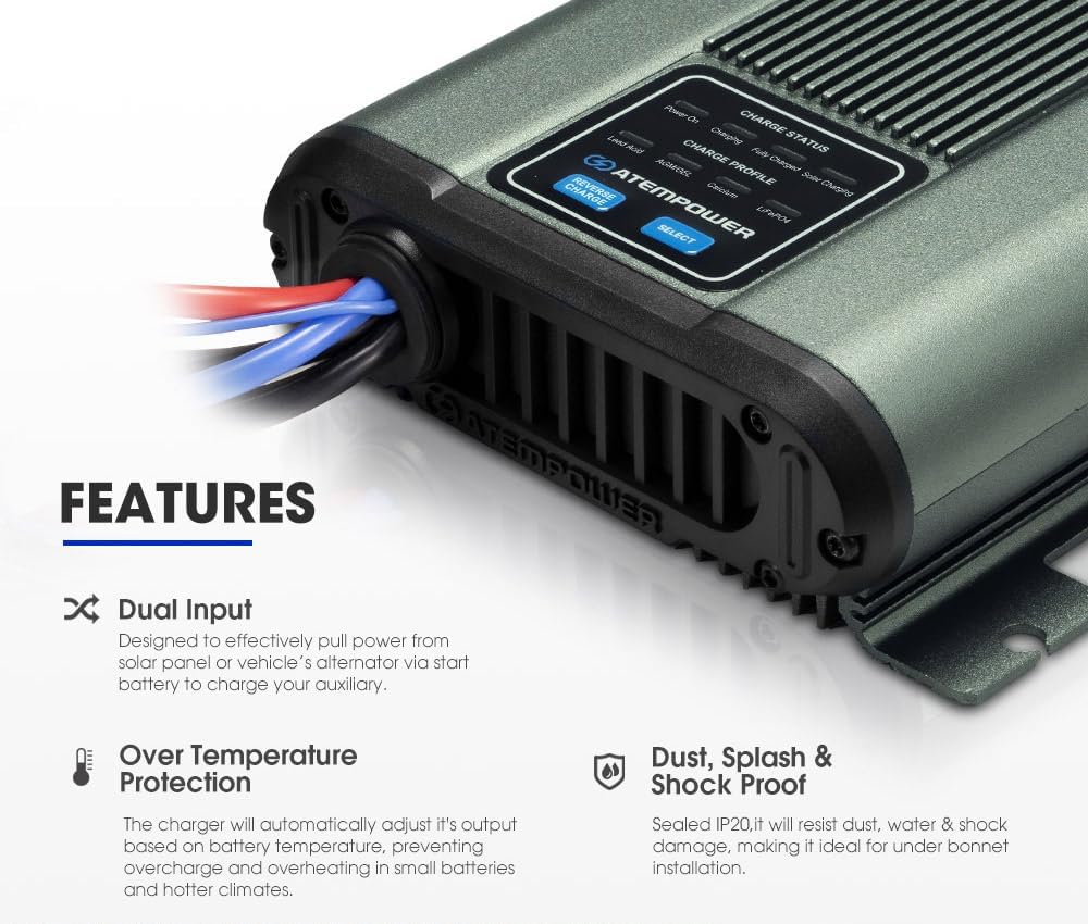 ATEM POWER 12V 25A DC to DC Battery Charger with Solar Input MPPT Controller for Lead Acid, AGM, Gel, Calcium, LiON Batteries, Multiple Protection Design On-Board Charger